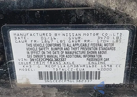 2016 Nissan Versa Note S Plus from USA, damaged, VIN 3N1CE2CP9GL382337